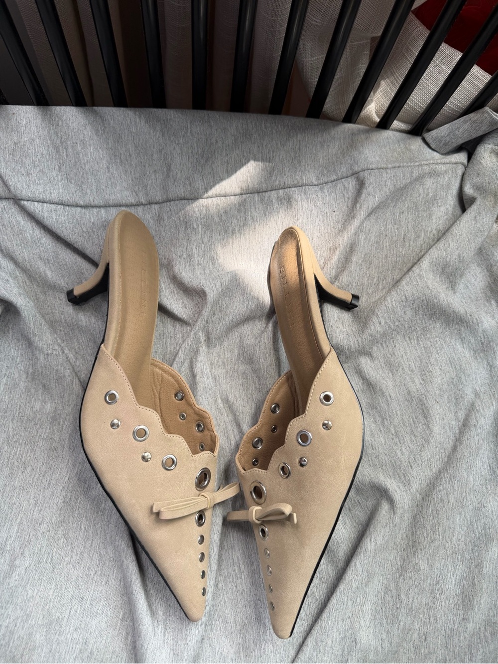 Billini Beige Pointed Grommet Mule Heels
